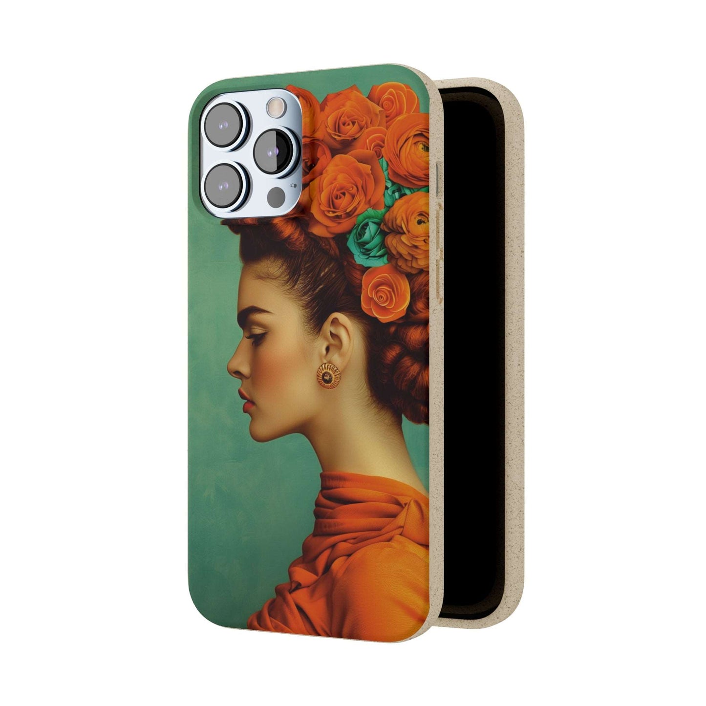 Vibrant orange biodegradable phone case featuring a stylized portrait of Frida Kahlo with aquamarine accents.