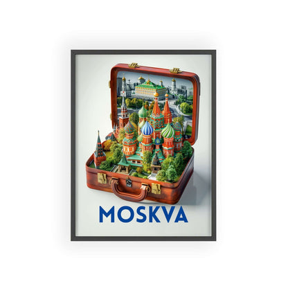 Elegant Moscow in a Suitcase travel poster featuring iconic landmarks, inspiring wanderlust and a love for timeless travel.