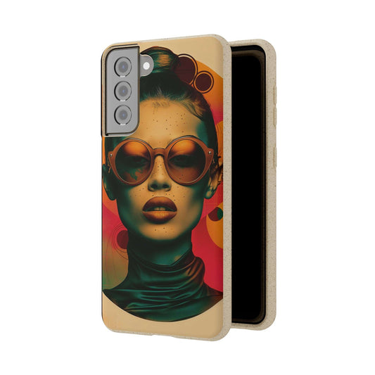 Biodegradable phone case featuring a Havana-inspired retro portrait in warm tropical hues, compatible with iPhone and Samsung models.