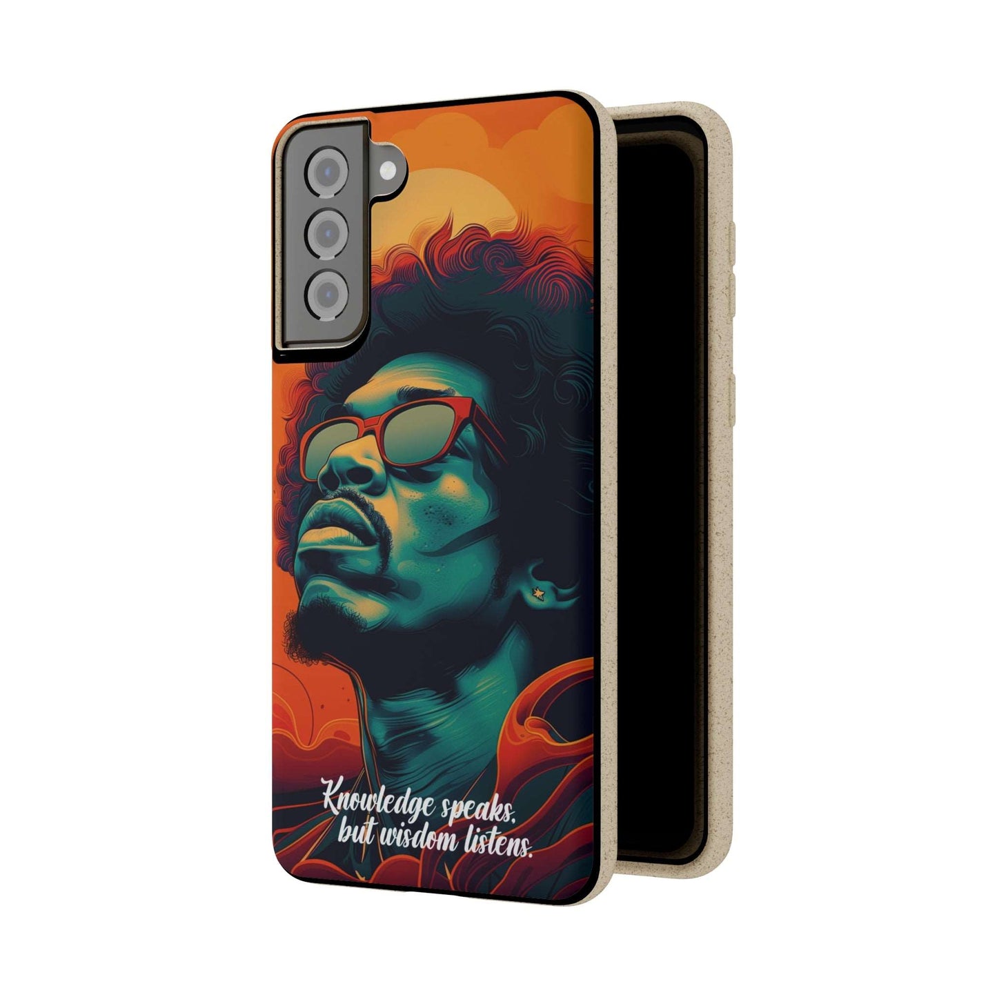 Stylish biodegradable phone case featuring Jimi Hendrix's quote "Knowledge speaks, but Wisdom listens" in an artistic design.