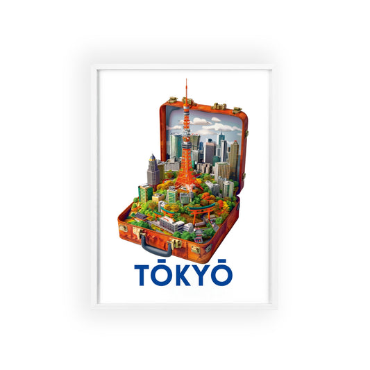 Travel poster titled "Tokio in a Suitcase" featuring a stylized illustration capturing the essence of Tokyo. The poster is designed for modern home decor.