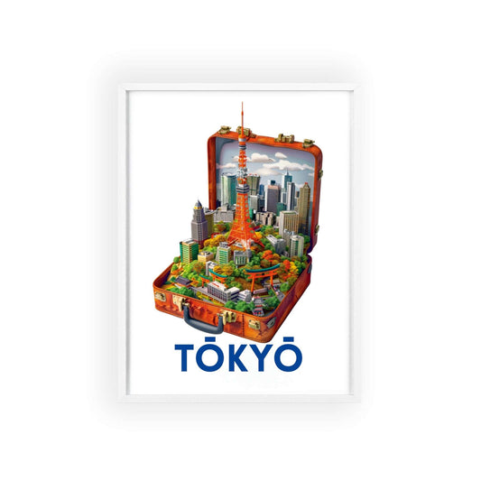 Travel poster titled "Tokio in a Suitcase" featuring a stylized illustration capturing the essence of Tokyo. The poster is designed for modern home decor.