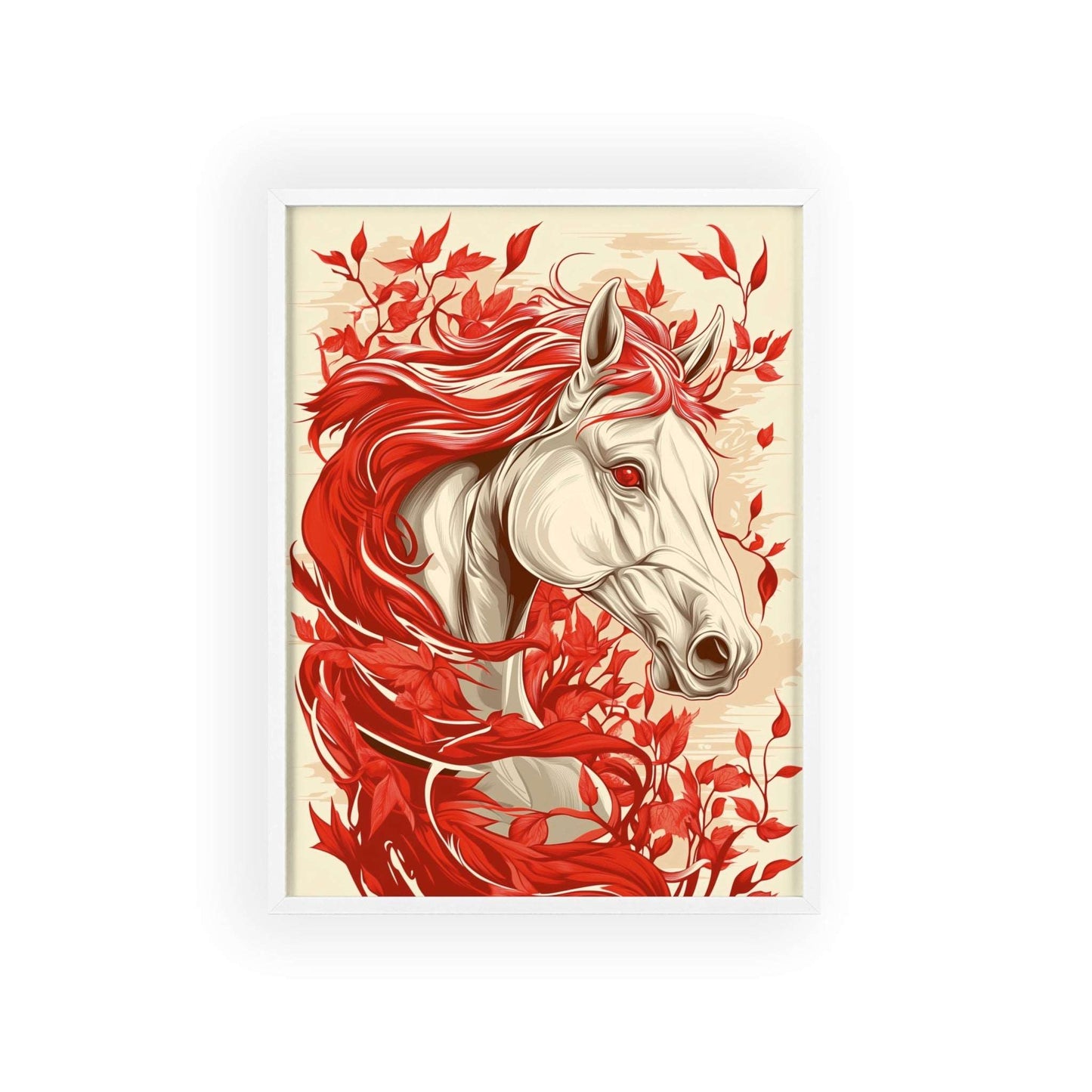 Framed poster featuring a stylized horse amidst red flowers