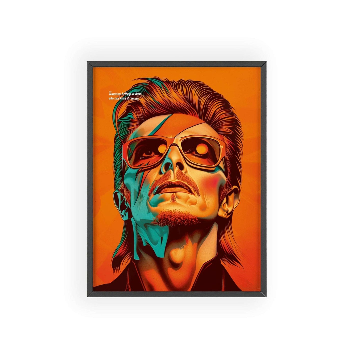 Portrait poster featuring David Bowie's quote: 'Tomorrow belongs to those who can hear it coming,' with bright, vibrant colors, perfect for modern home decor.