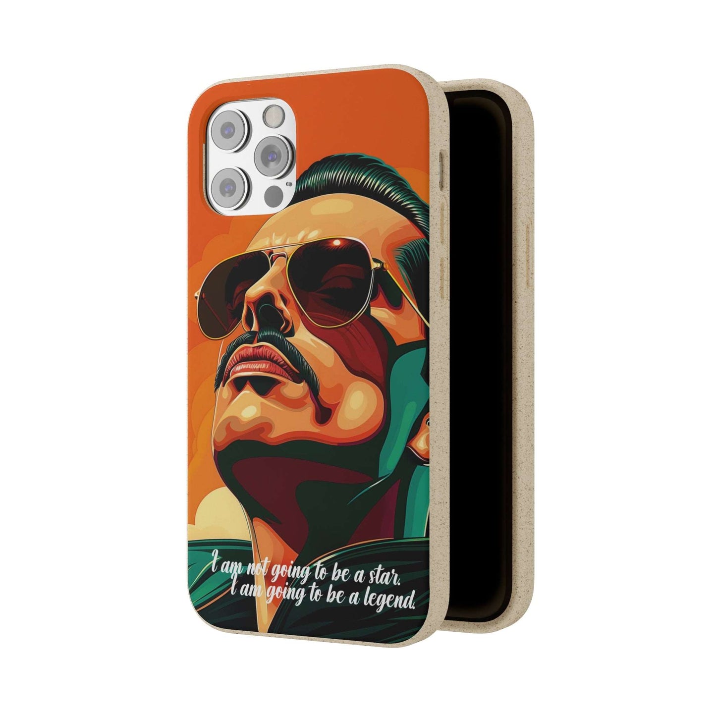 Biodegradable phone case with Freddie Mercury portrait and quote "I'm not going to be a star, I'm going to be a legend".