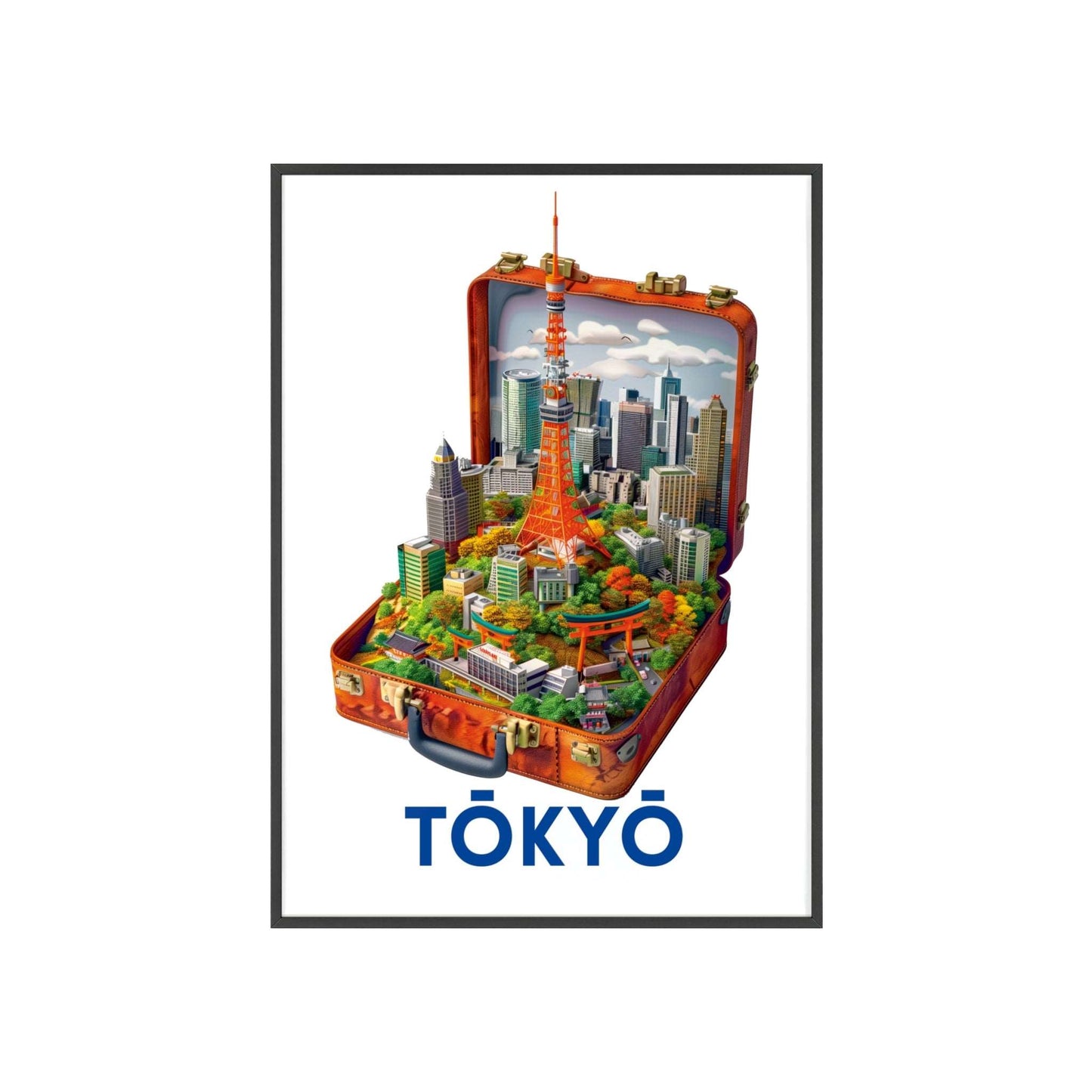 Travel poster titled "Tokio in a Suitcase" featuring a stylized illustration capturing the essence of Tokyo. The poster is designed for modern home decor.