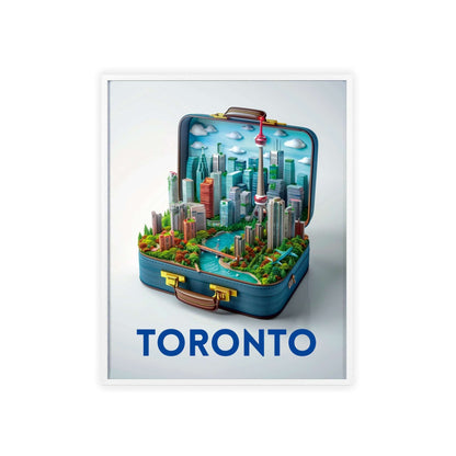 Travel poster titled "Toronto in a Suitcase" featuring a stylized illustration capturing the essence of Toronto. The poster is designed for modern home decor.