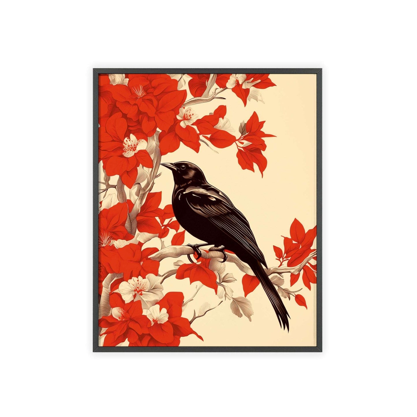 Framed poster of a stylized blackbird amidst vibrant red flowers.