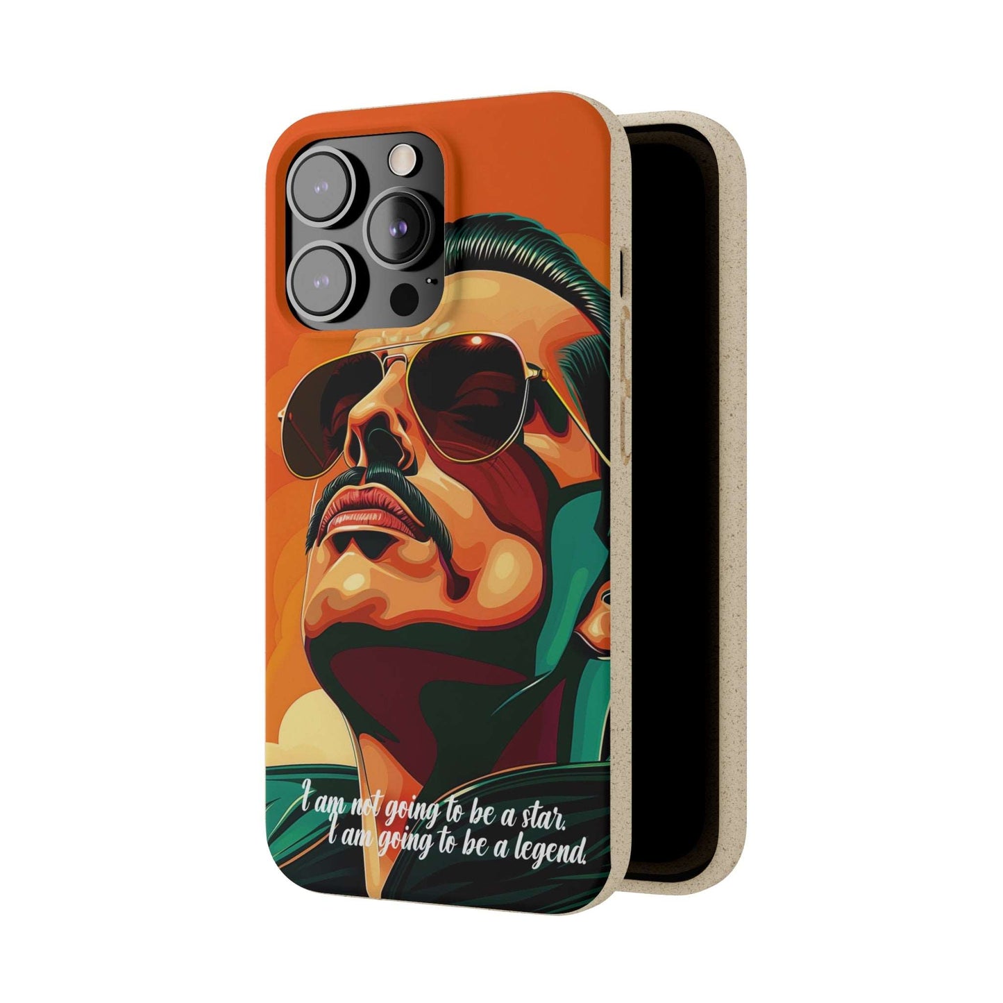 Biodegradable phone case with Freddie Mercury portrait and quote "I'm not going to be a star, I'm going to be a legend".