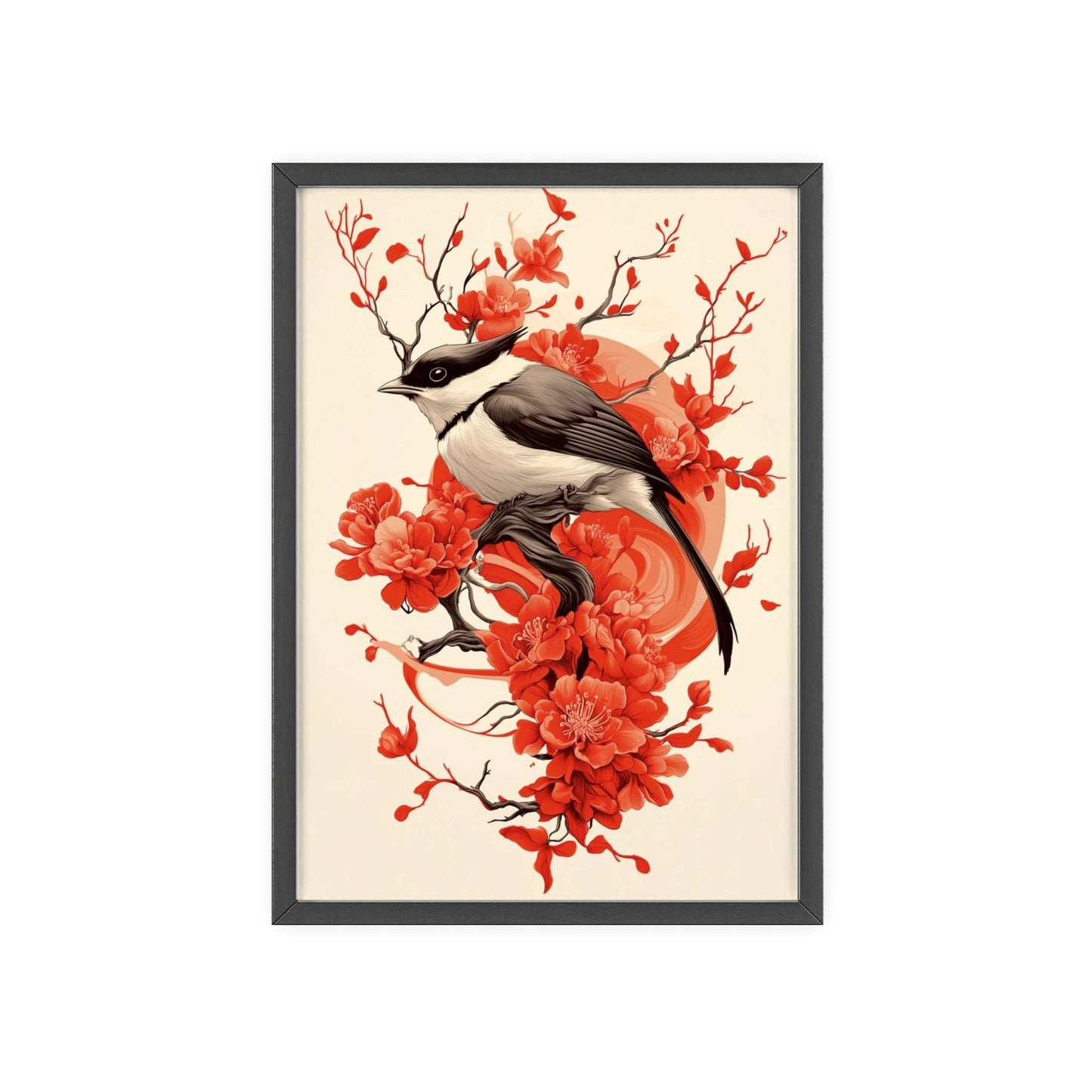 Framed poster depicting a stylized jay surrounded by red flowers