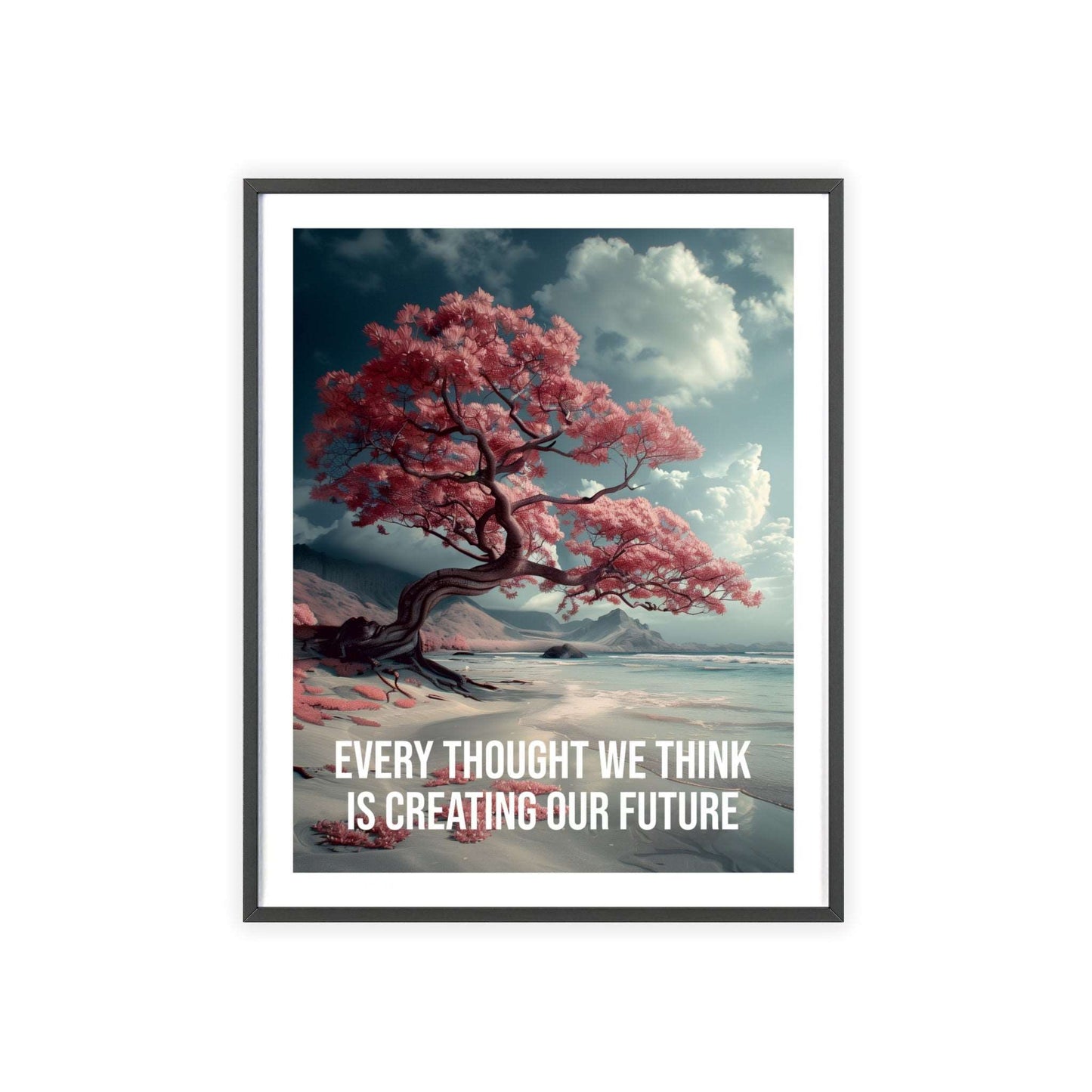 Surreal minimalist art print featuring a solitary tree on a lake shore, with Louise Hay quote "Every thought we think is creating our future"