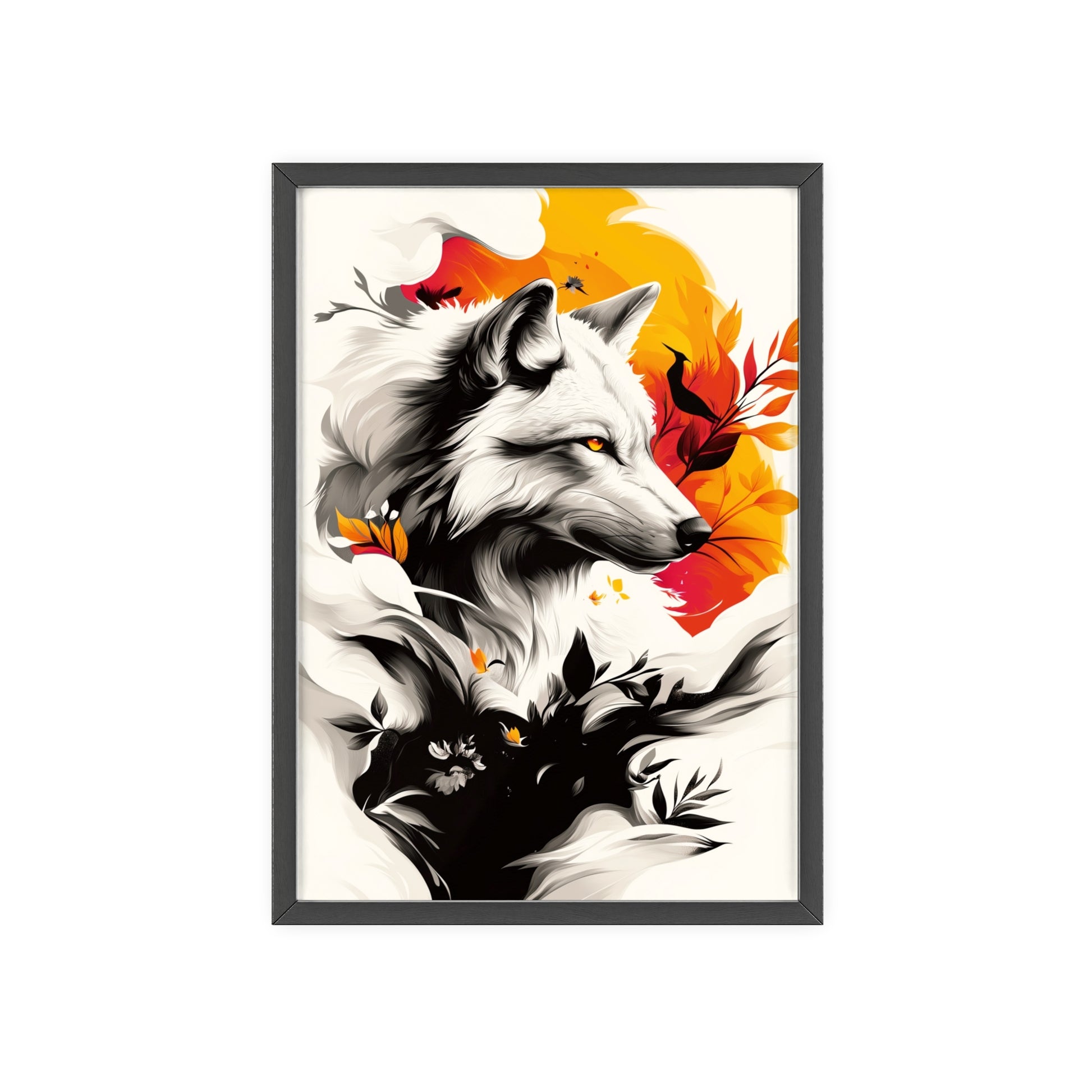 Contemporary digital pop art poster of a stylized wolf with dynamic geometric shapes in vibrant yellow, orange and black colors