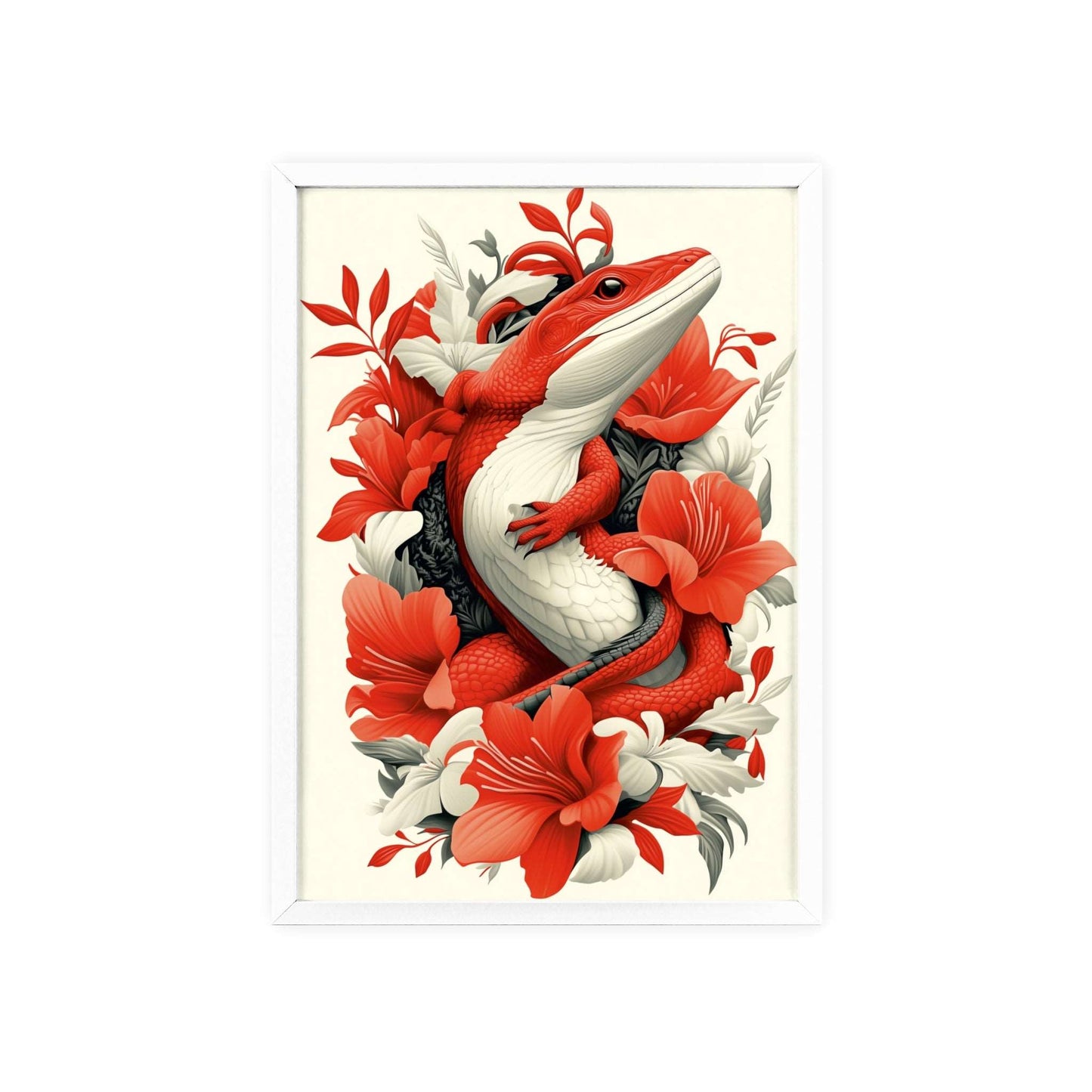 Framed poster of a stylized lizard surrounded by red flowers