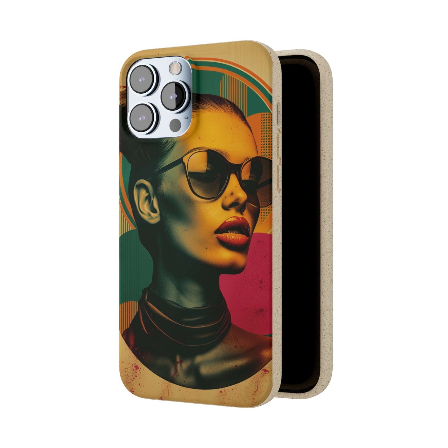 Rome-inspired biodegradable phone case with Mediterranean hues and a retro portrait, compatible with iPhone and Samsung models.