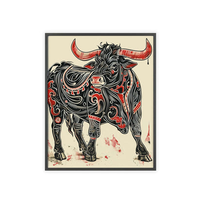 bull poster, animal art, bold design, black and red, wildlife decor, intricate patterns, nature illustration, wall art, dynamic artwork