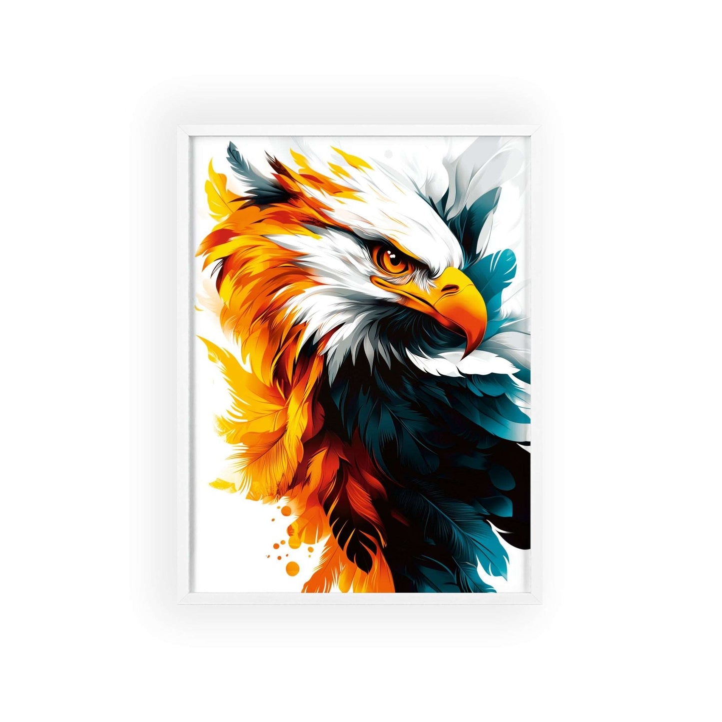 Striking digital illustration of a mystical eagle with geometric shapes and vibrant colors, part of the Mystical Beasts Collection framed poster series.