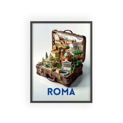 Beautiful Rome in a Suitcase travel poster featuring iconic landmarks, inspiring wanderlust and a love for timeless travel