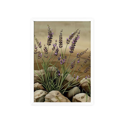 Vintage-style framed poster showcasing delicate lavender sprigs in soothing purple hues