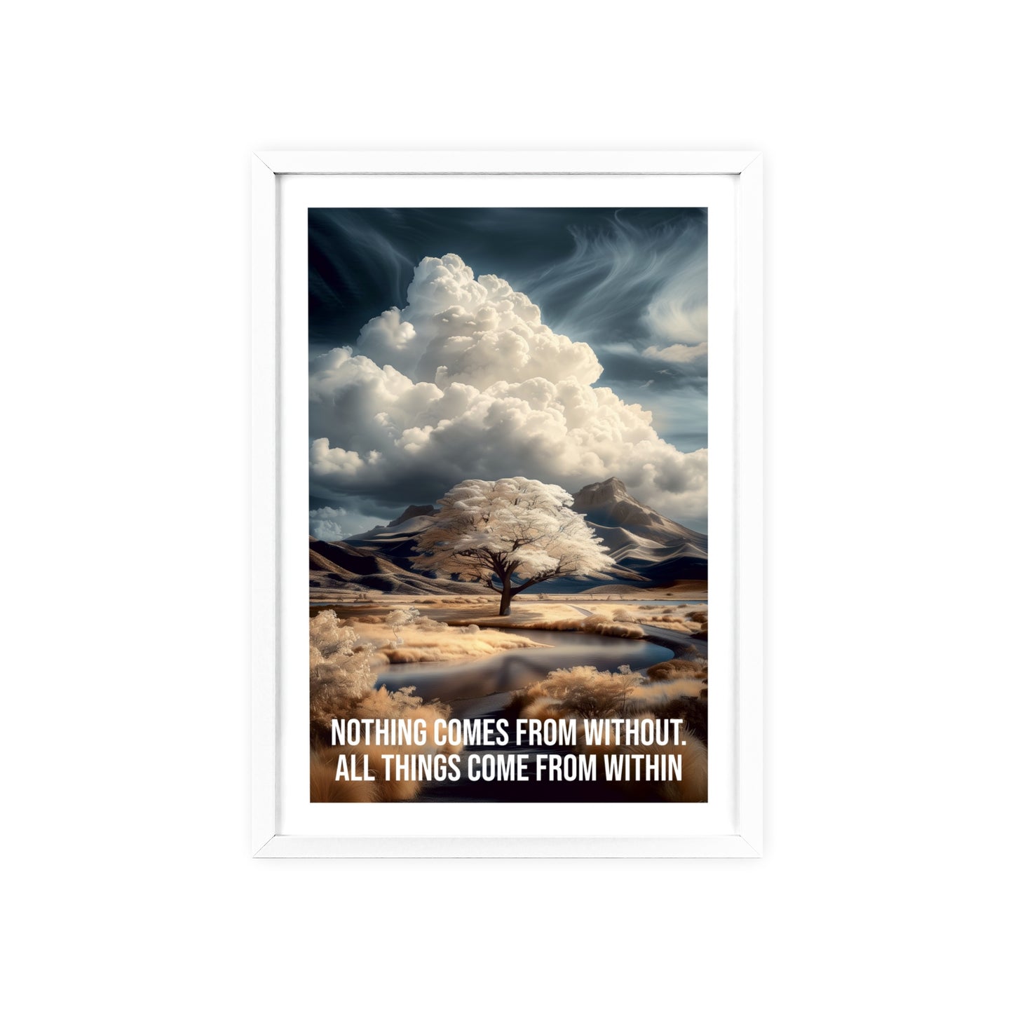 Surreal minimalist art print featuring a lone tree in a floodplain with mountain backdrop, and Neville Goddard quote "All things come from within"