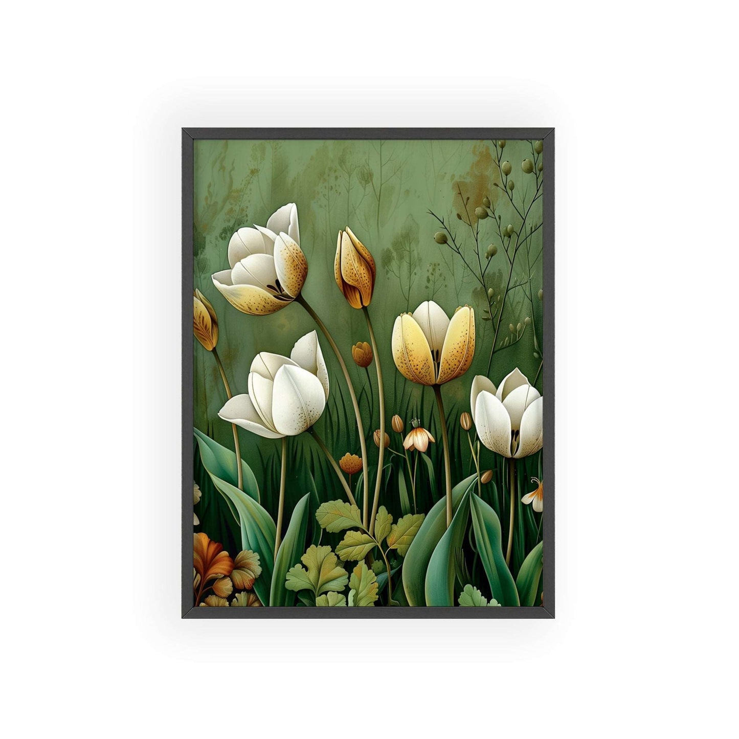 Vintage-style framed poster featuring delicate tulip blooms in soft, muted colors