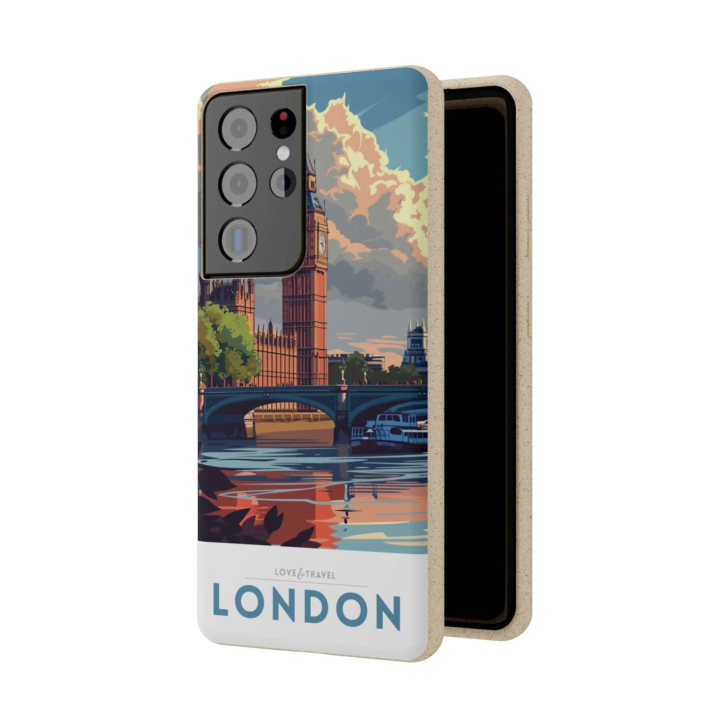 Stylish biodegradable phone case featuring a minimalist London-themed travel poster design.