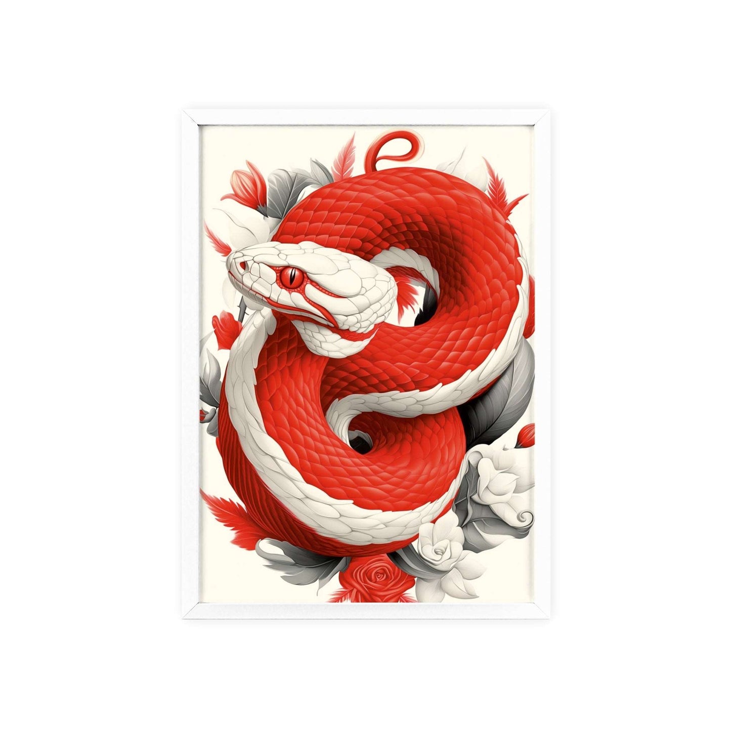 Framed poster featuring a stylized viper among vibrant red flowers.