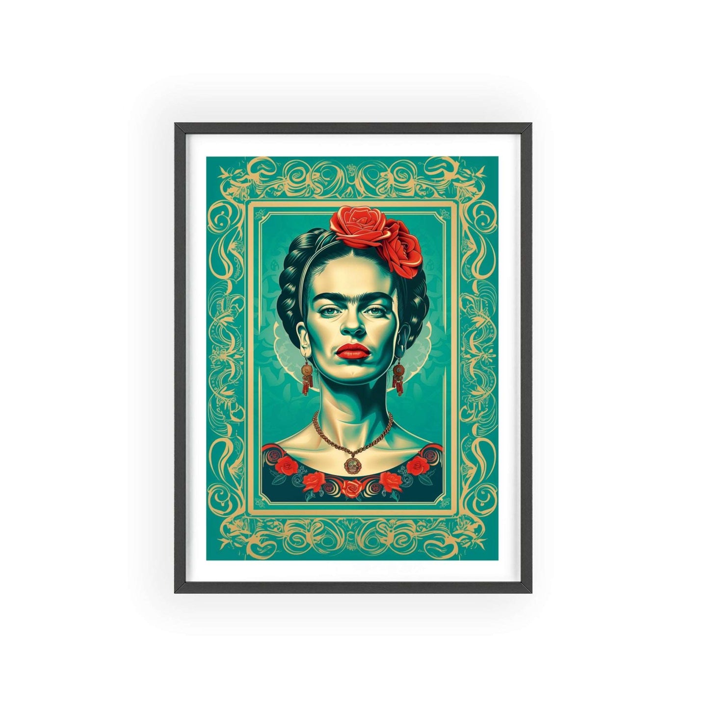 Framed portrait poster of Frida Kahlo in a modern vector design. Her features are rendered in gold, with aquamarine accents. The background is aquamarine.