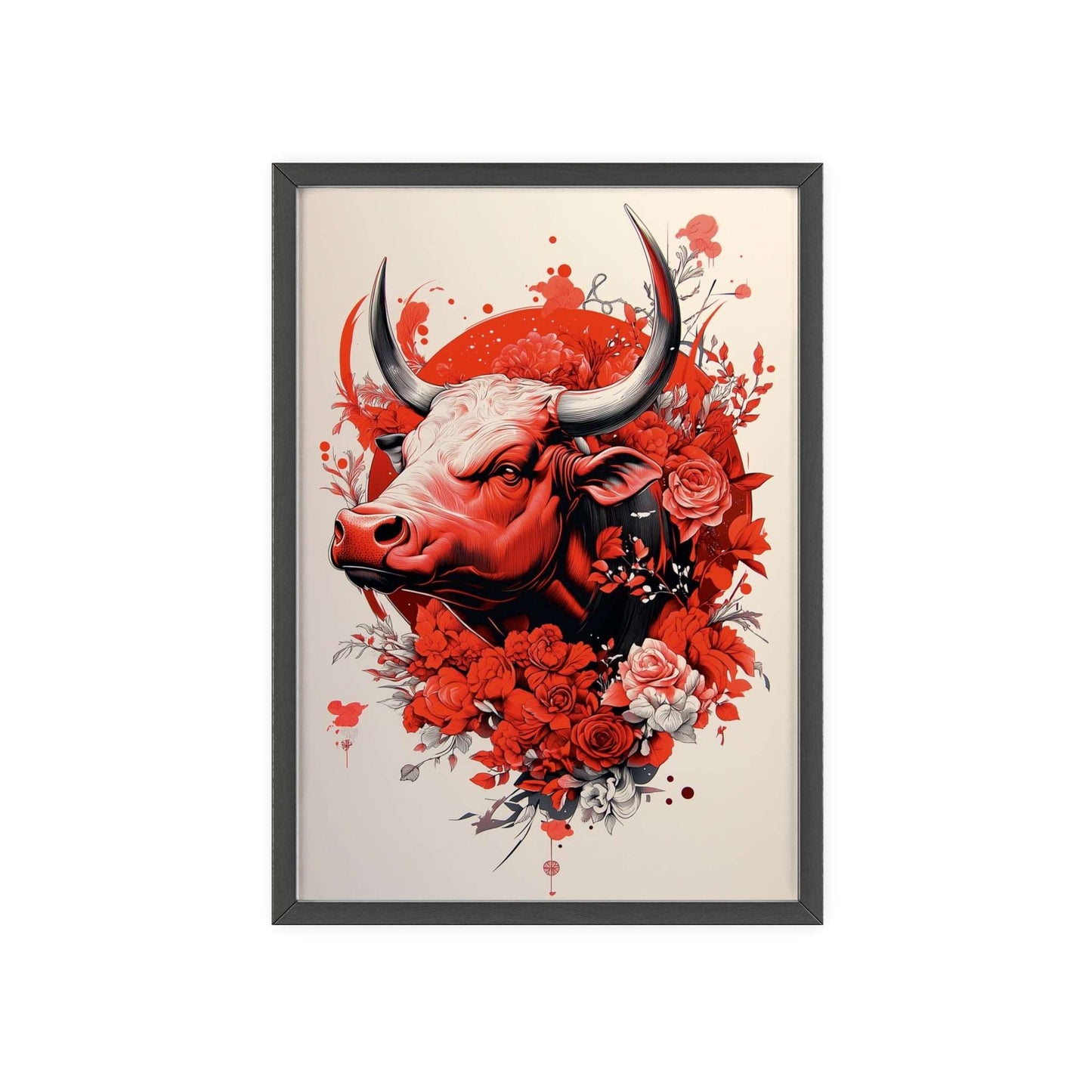 Framed poster featuring a stylized bull surrounded by red flowers