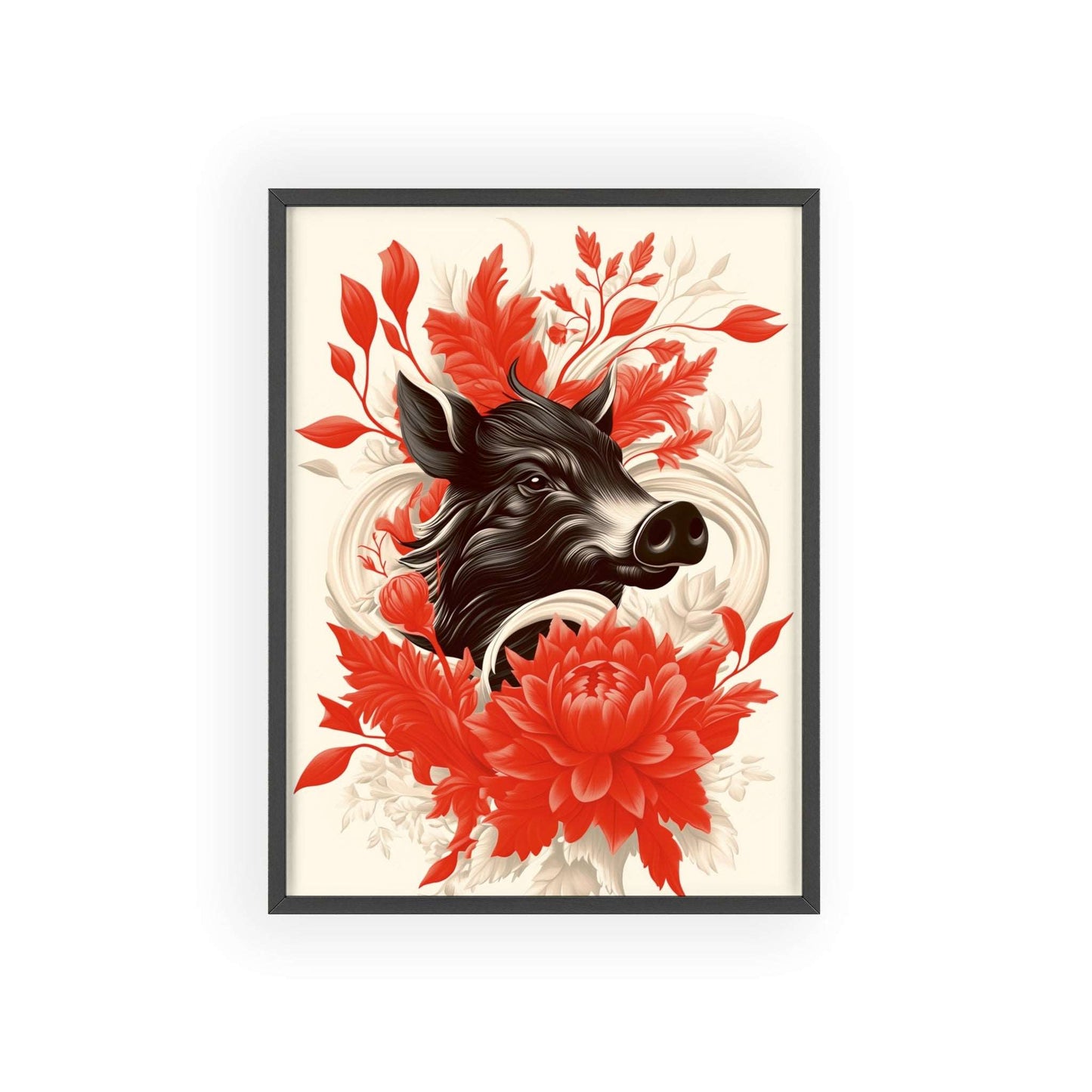 Framed poster of a stylized wild boar surrounded by red flowers.