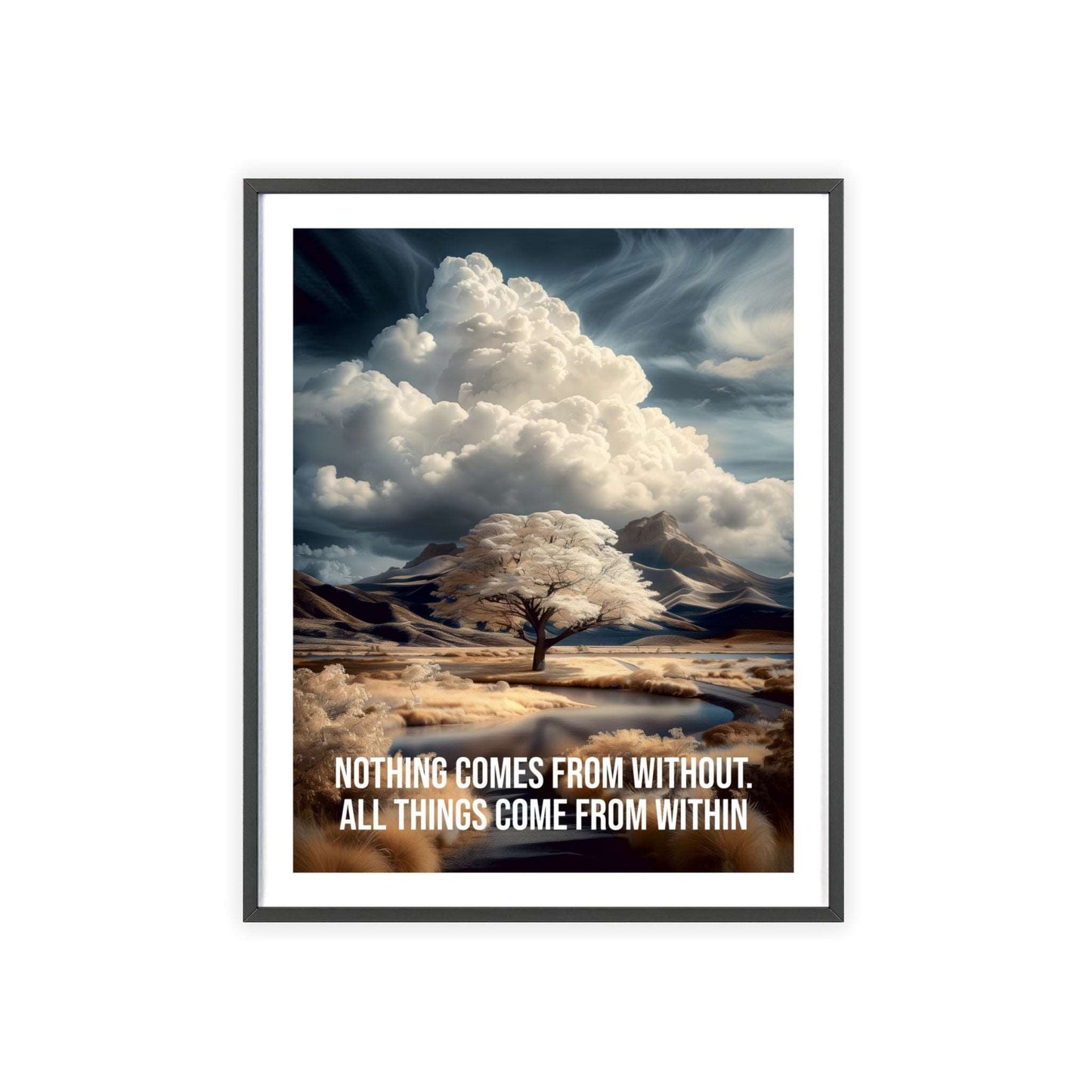 Surreal minimalist art print featuring a lone tree in a floodplain with mountain backdrop, and Neville Goddard quote "All things come from within"