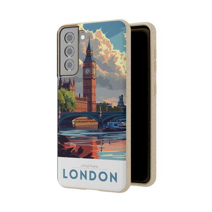 Stylish biodegradable phone case featuring a minimalist London-themed travel poster design.