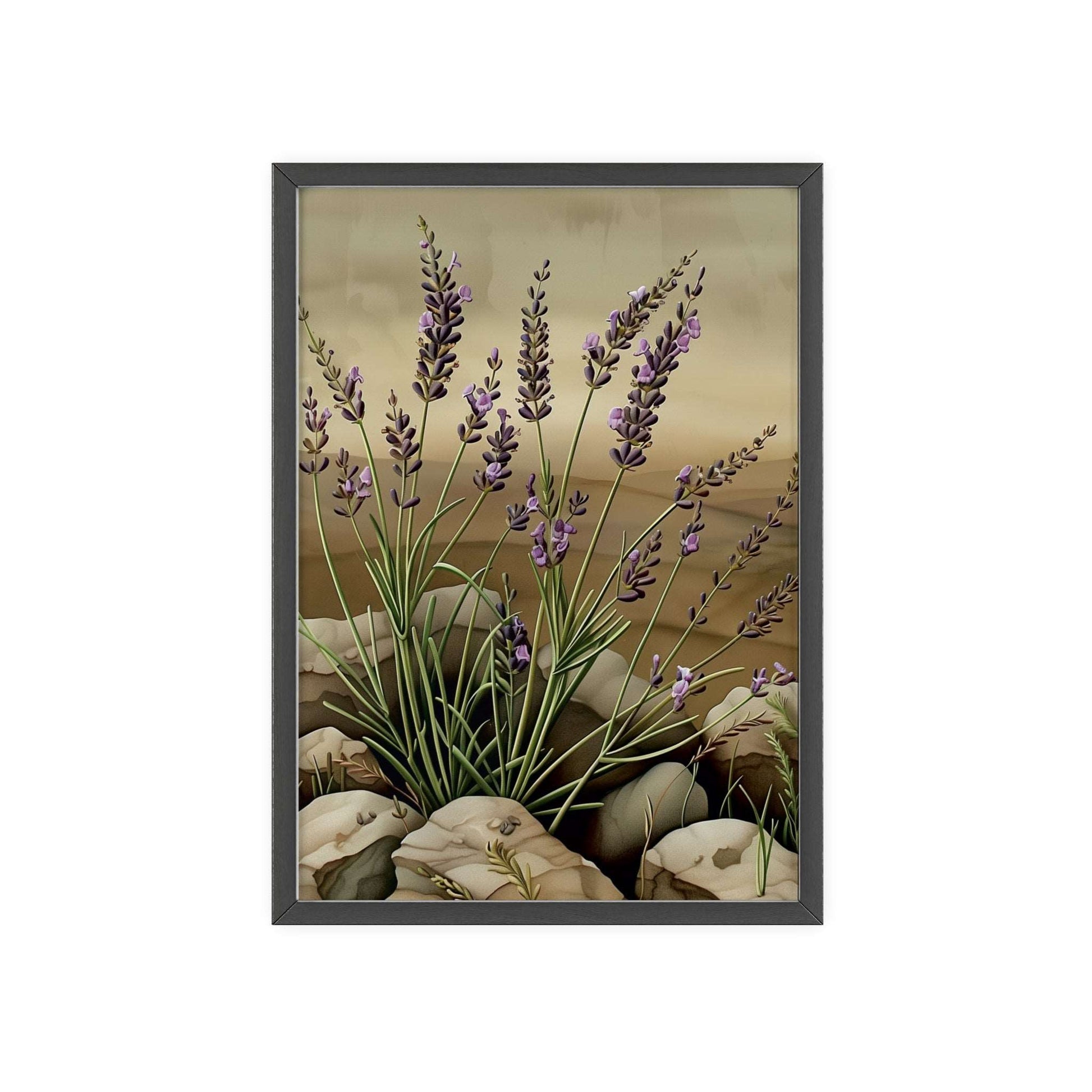 Vintage-style framed poster showcasing delicate lavender sprigs in soothing purple hues