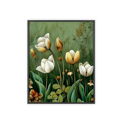 Vintage-style framed poster featuring delicate tulip blooms in soft, muted colors