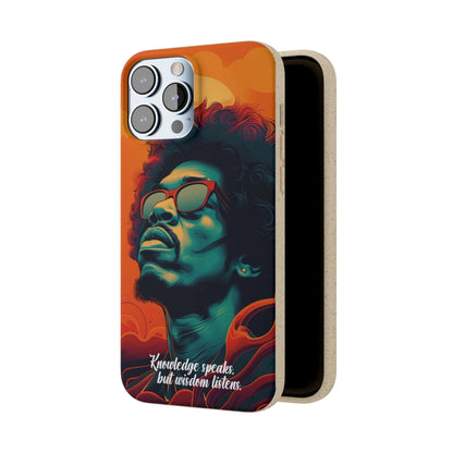 Stylish biodegradable phone case featuring Jimi Hendrix's quote "Knowledge speaks, but Wisdom listens" in an artistic design.