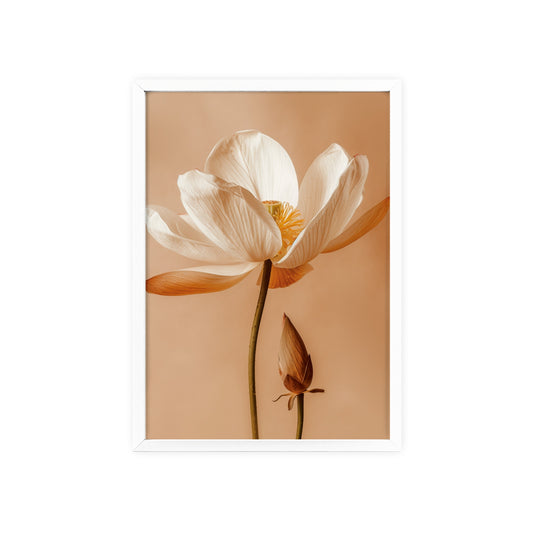 Vintage-style framed poster showcasing serene lotus blooms in soft, calming hues