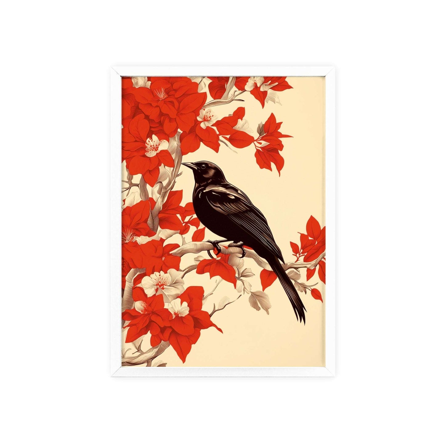 Framed poster of a stylized blackbird amidst vibrant red flowers.