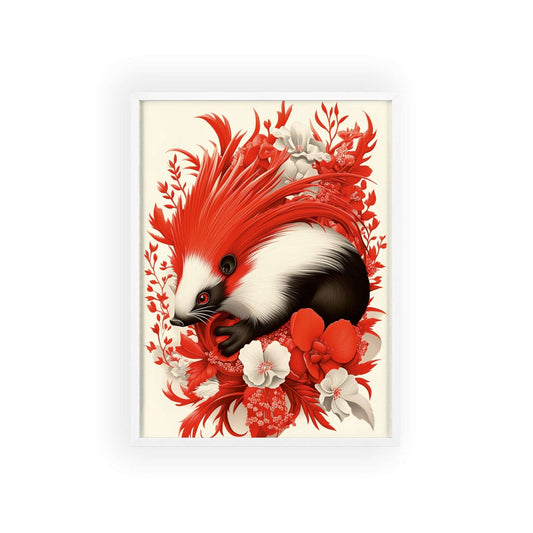 Framed poster featuring a stylized porcupine surrounded by red flowers