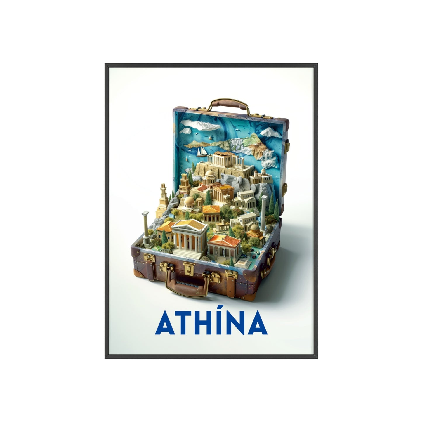 Ancient Athens in a Suitcase travel poster featuring iconic landmarks, inspiring wanderlust and a love for timeless travel