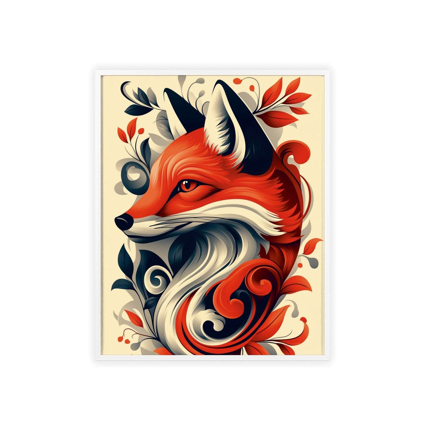 Framed poster of a stylized fox amidst vibrant red flowers