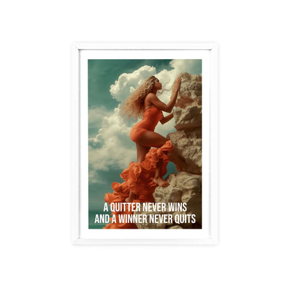 Woman scaling a rock face, gaze fixed on the summit, motivational quote "A Quitter Never Wins" by Napoleon Hill