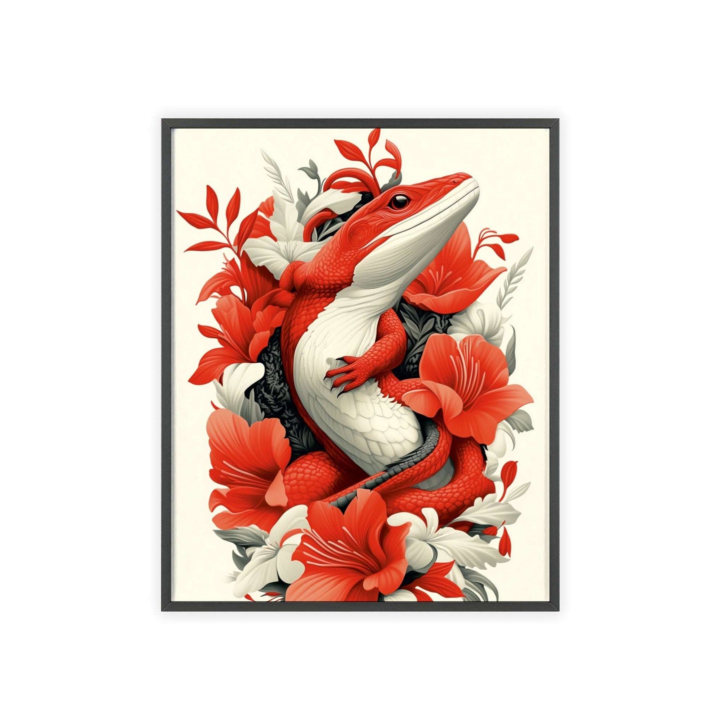 Framed poster of a stylized lizard surrounded by red flowers