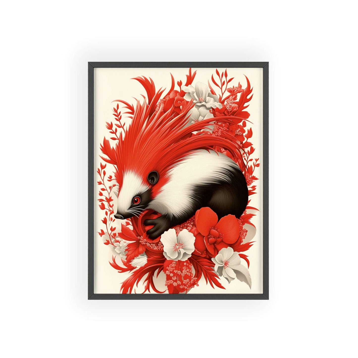 Framed poster featuring a stylized porcupine surrounded by red flowers