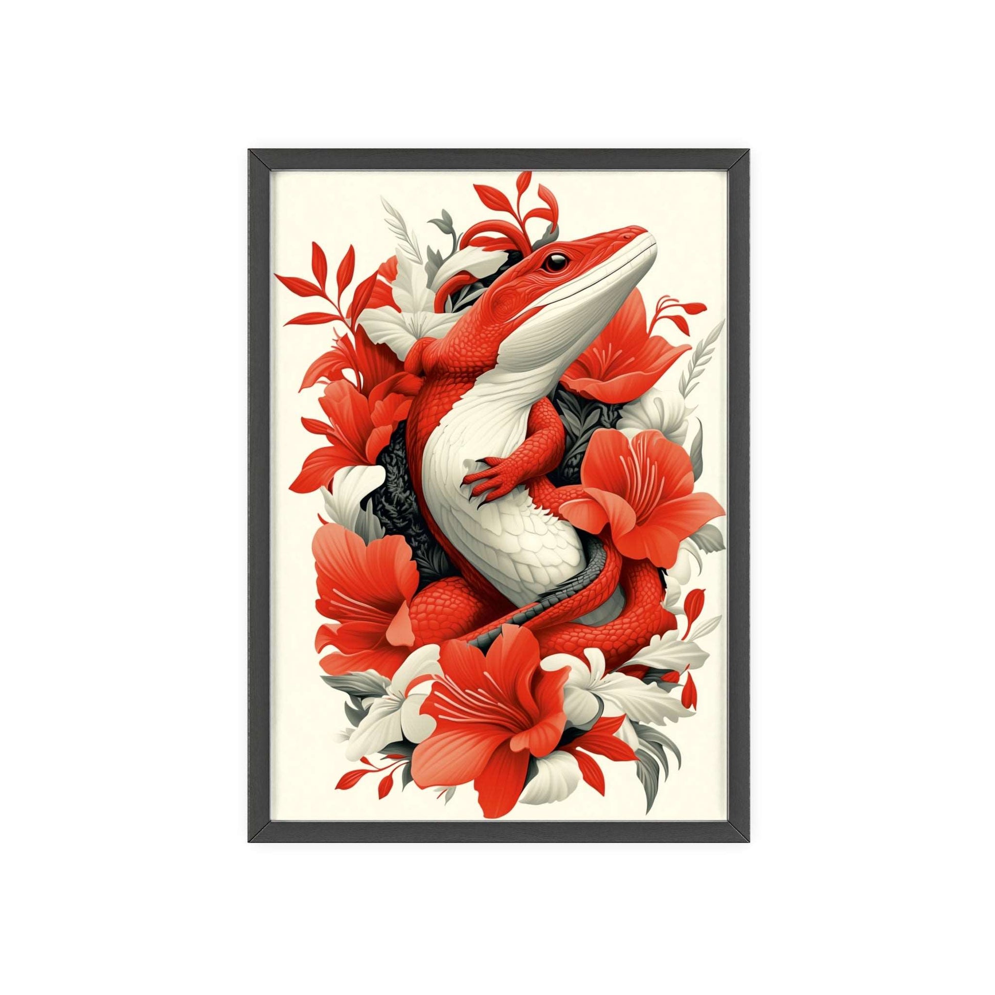 Framed poster of a stylized lizard surrounded by red flowers