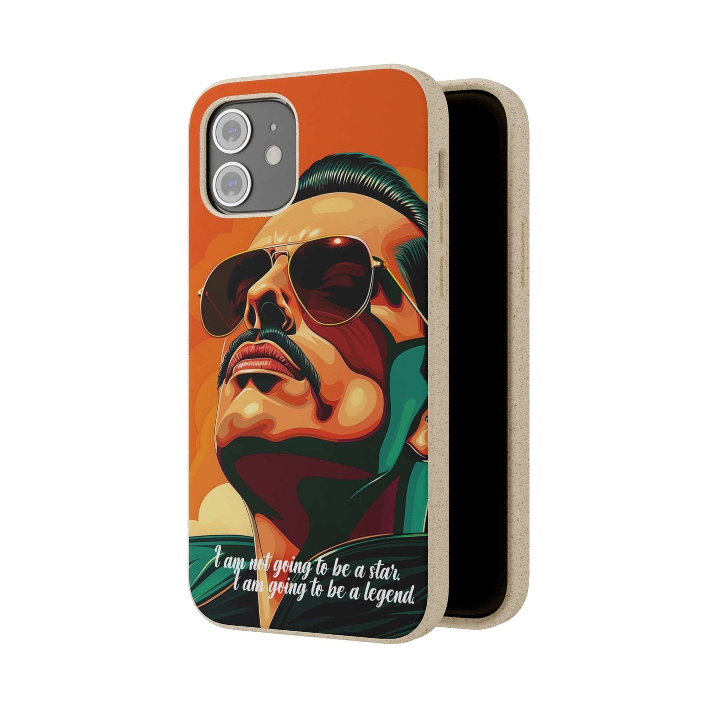 Biodegradable phone case with Freddie Mercury portrait and quote "I'm not going to be a star, I'm going to be a legend".