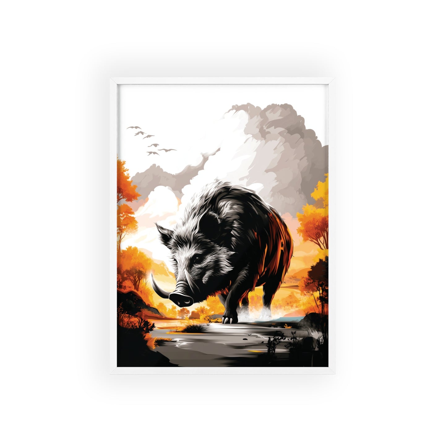 Dynamic digital pop art poster of a wild boar with geometric shapes in vibrant yellow, orange and black colors