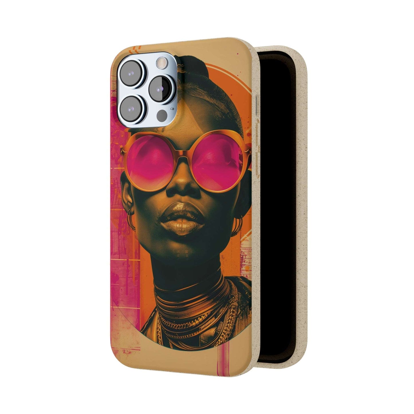 Lagos-inspired phone case with bold African motifs and biodegradable materials, compatible with iPhone and Samsung models.