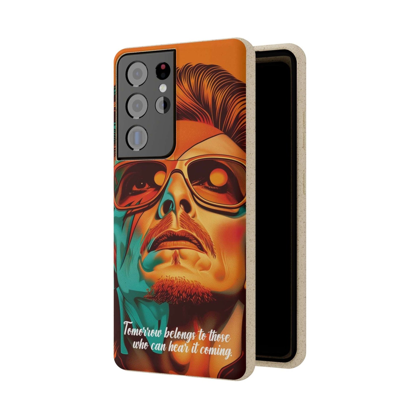 Colorful biodegradable phone case with David Bowie's quote "Tomorrow belongs to those who can hear it coming"