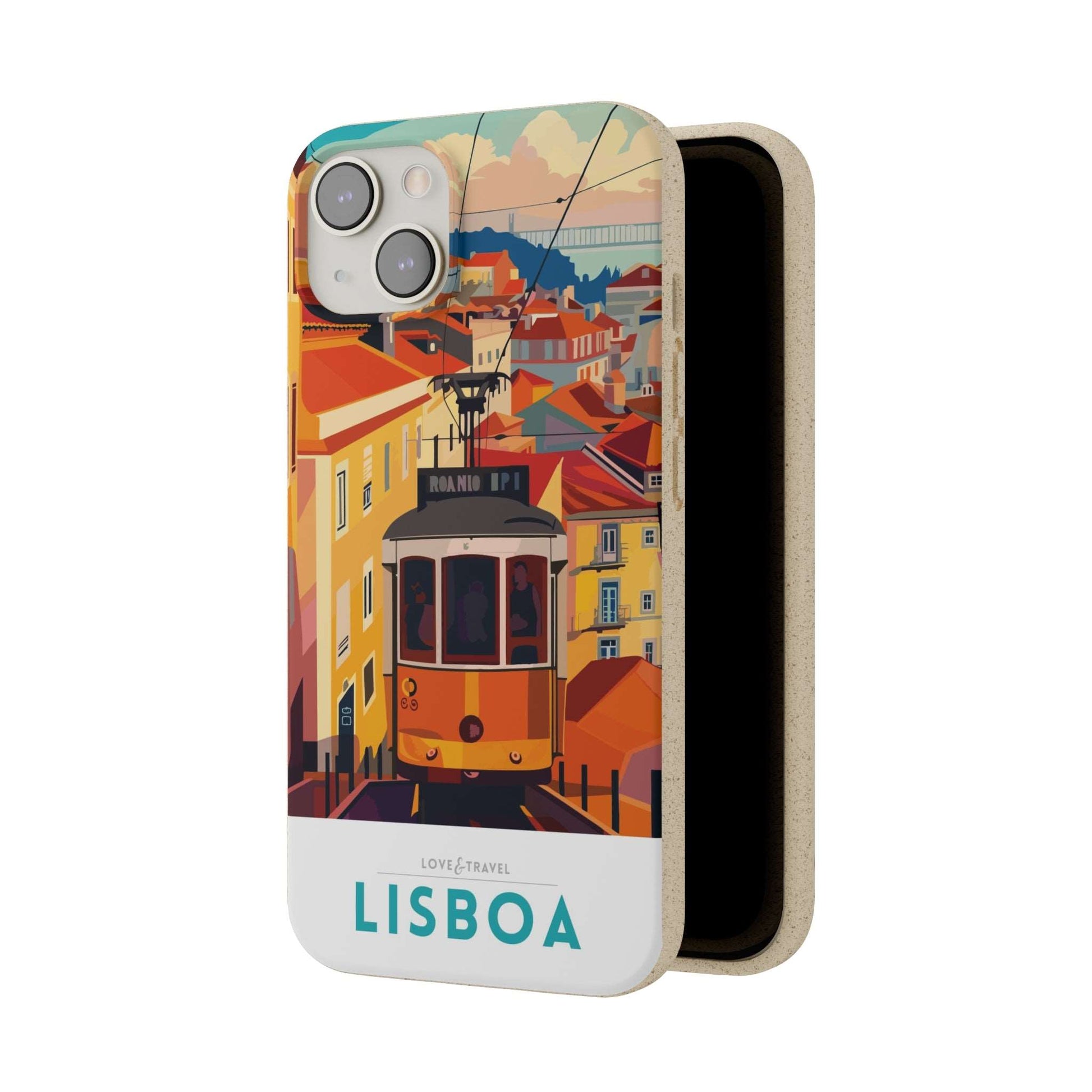 Colorful biodegradable phone case featuring a stylized travel poster design of Lisbon, Portugal.