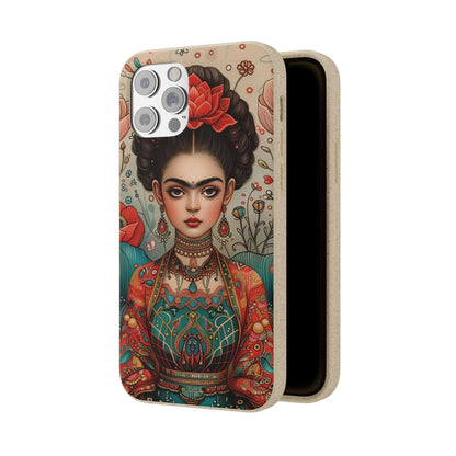 Artistic biodegradable phone case featuring a young Frida Kahlo in meditation, rendered in a modern style