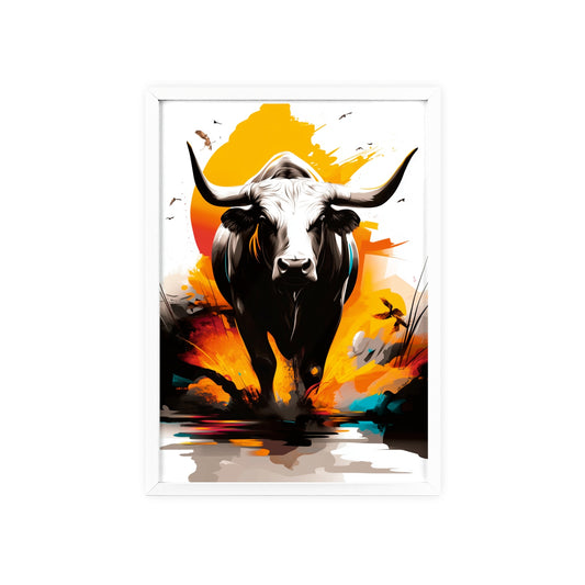 Vibrant digital illustration of a mystical bull featuring geometric shapes and bold colors, part of the Mystical Beasts Collection framed poster series.